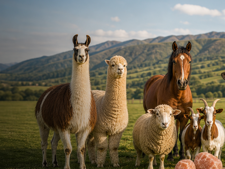Alpacas y llamas en entorno andino con sal mineral natural