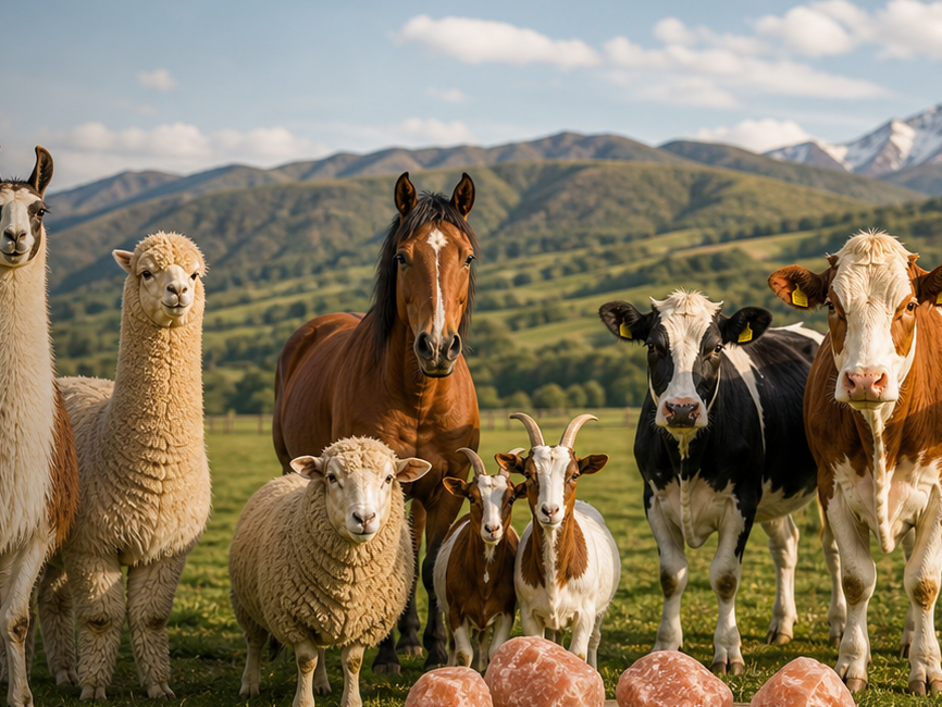 Caballos junto a sal mineral natural para animales