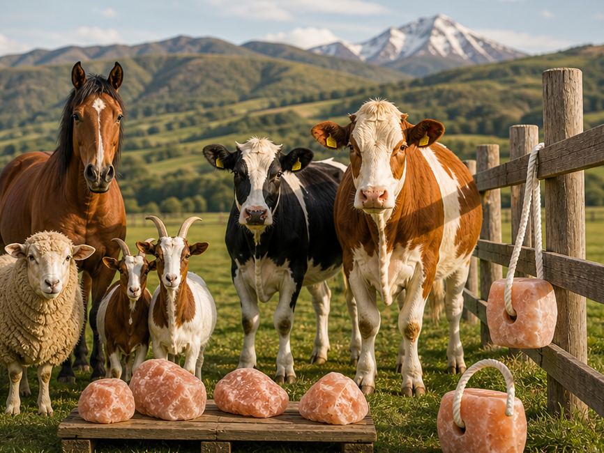 Vacas y ganado bovino cerca de rocas de sal del Himalaya